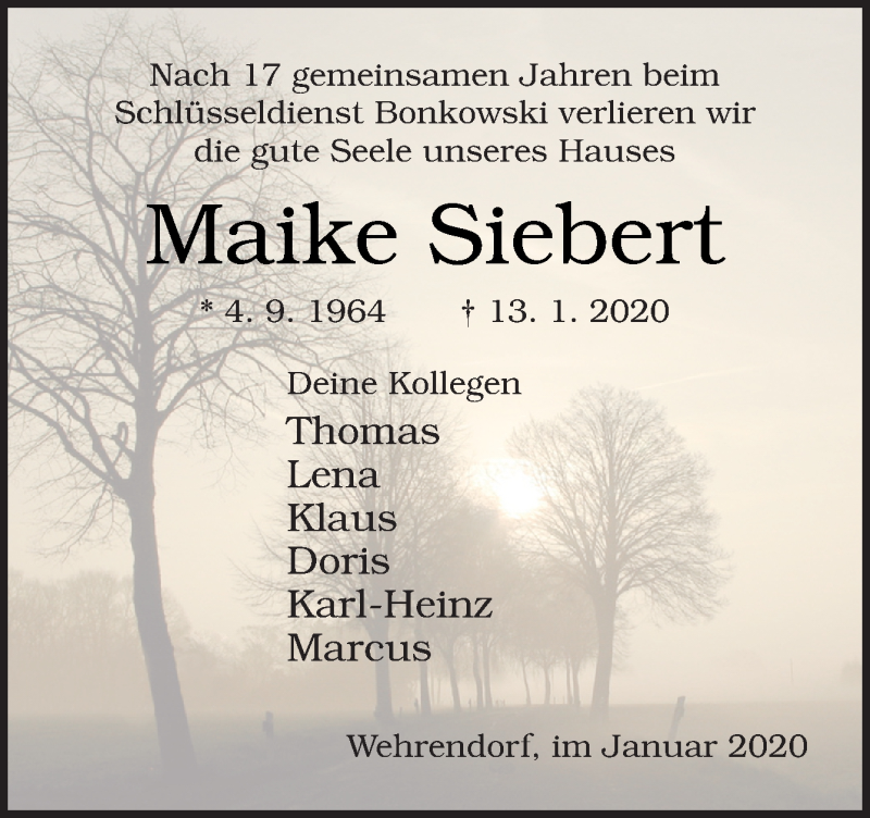  Traueranzeige für Maike Siebert vom 17.01.2020 aus Neue Osnabrücker Zeitung GmbH & Co. KG