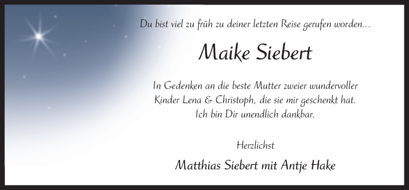 Traueranzeige für Maike Siebert vom 17.01.2020 aus Neue Osnabrücker Zeitung GmbH & Co. KG