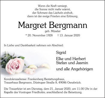 Traueranzeige von Margret Bergmann von Neue Osnabrücker Zeitung GmbH & Co. KG