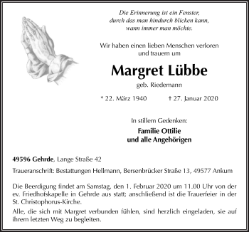 Traueranzeige von Margret Lübbe von Neue Osnabrücker Zeitung GmbH & Co. KG