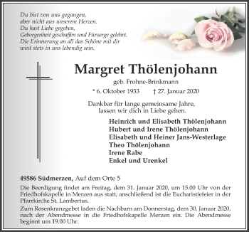 Traueranzeige von Margret Thölenjohann von Neue Osnabrücker Zeitung GmbH & Co. KG
