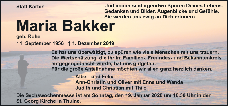  Traueranzeige für Maria Bakker vom 15.01.2020 aus Neue Osnabrücker Zeitung GmbH & Co. KG