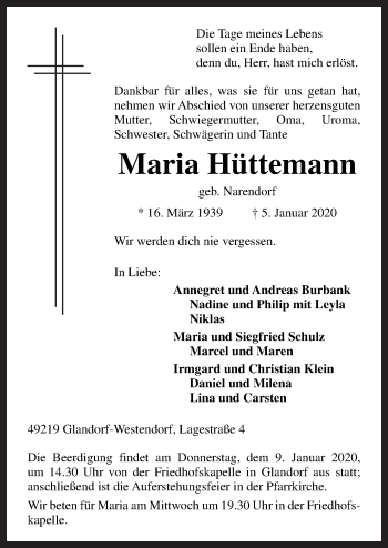 Traueranzeige von Maria Hüttemann von Neue Osnabrücker Zeitung GmbH & Co. KG