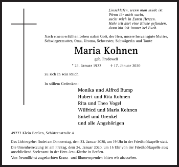 Traueranzeige von Maria Kohnen von Neue Osnabrücker Zeitung GmbH & Co. KG