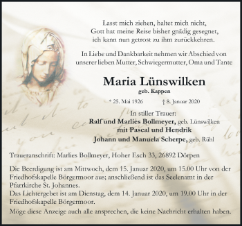 Traueranzeige von Maria Lünswilken von Neue Osnabrücker Zeitung GmbH & Co. KG