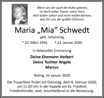 Traueranzeige von Maria  Schwedt von Neue Osnabrücker Zeitung GmbH & Co. KG