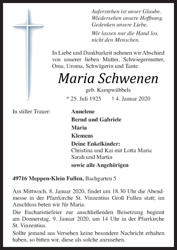 Traueranzeige von Maria Schwenen von Neue Osnabrücker Zeitung GmbH & Co. KG