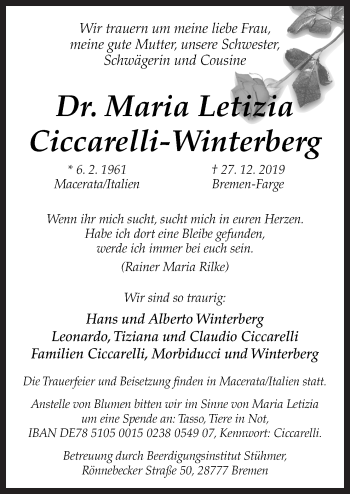 Traueranzeige von Maria Letizia Ciccarelli-Winterberg von Neue Osnabrücker Zeitung GmbH & Co. KG