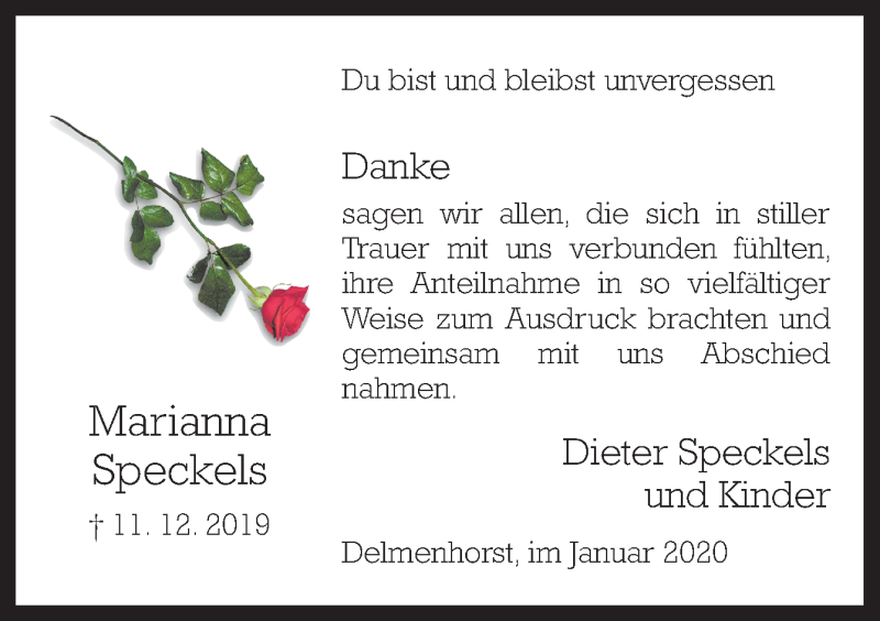  Traueranzeige für Marianna Speckels vom 11.01.2020 aus Neue Osnabrücker Zeitung GmbH & Co. KG