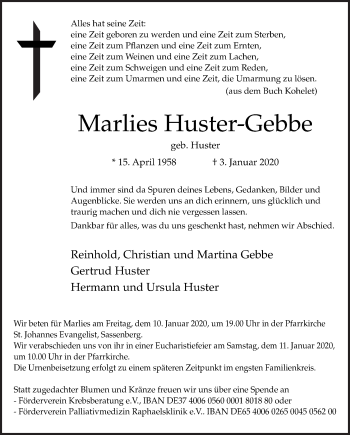 Traueranzeige von Marlies Huster-Gebbe von Neue Osnabrücker Zeitung GmbH & Co. KG