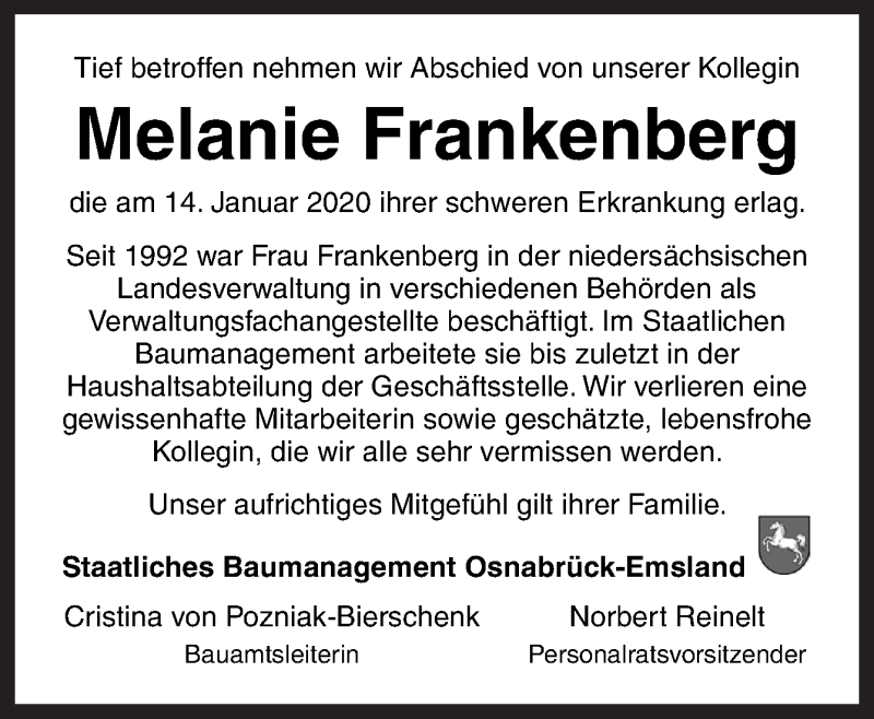  Traueranzeige für Melanie Frankenberg vom 17.01.2020 aus Neue Osnabrücker Zeitung GmbH & Co. KG