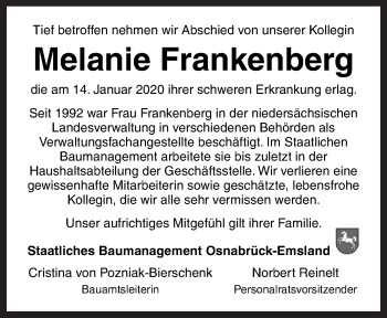 Traueranzeige von Melanie Frankenberg von Neue Osnabrücker Zeitung GmbH & Co. KG