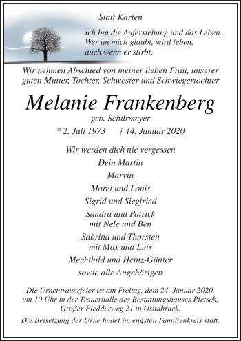 Traueranzeige von Melanie Frankenberg von Neue Osnabrücker Zeitung GmbH & Co. KG