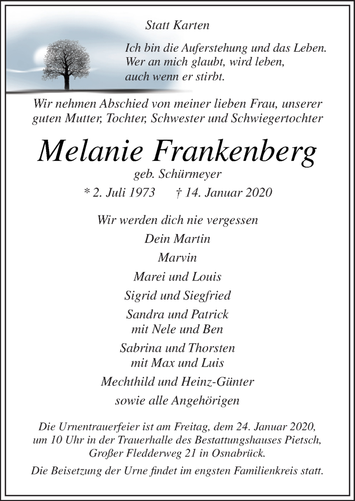  Traueranzeige für Melanie Frankenberg vom 18.01.2020 aus Neue Osnabrücker Zeitung GmbH & Co. KG
