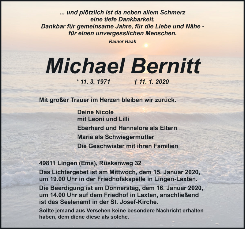  Traueranzeige für Michael Bernitt vom 14.01.2020 aus Neue Osnabrücker Zeitung GmbH & Co. KG