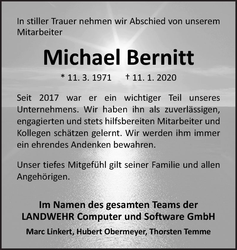 Traueranzeige für Michael Bernitt vom 16.01.2020 aus Neue Osnabrücker Zeitung GmbH & Co. KG