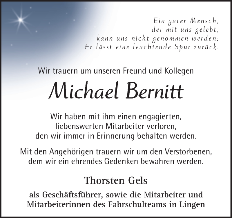  Traueranzeige für Michael Bernitt vom 15.01.2020 aus Neue Osnabrücker Zeitung GmbH & Co. KG