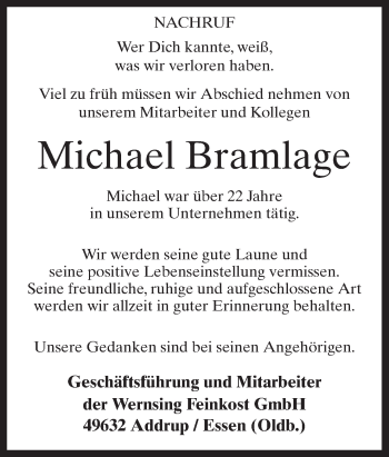 Traueranzeige von Michael Bramlage von Neue Osnabrücker Zeitung GmbH & Co. KG