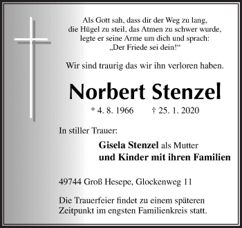 Traueranzeige von Norbert Stenzel von Neue Osnabrücker Zeitung GmbH & Co. KG