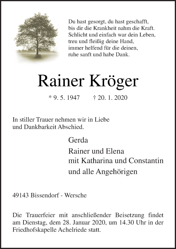  Traueranzeige für Rainer Kröger vom 23.01.2020 aus Neue Osnabrücker Zeitung GmbH & Co. KG