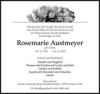 Traueranzeige von Rosemarie Austmeyer von Neue Osnabrücker Zeitung GmbH & Co. KG