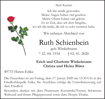 Traueranzeige von Ruth Schienbein von Neue Osnabrücker Zeitung GmbH & Co. KG