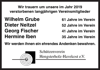 Traueranzeige von Schützenverein Hengsterholz-Havekost e.V. trauert um  von Neue Osnabrücker Zeitung GmbH & Co. KG