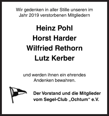 Traueranzeige von Segel-Club „Ochtum“ e.V. gedenkt an  von Neue Osnabrücker Zeitung GmbH & Co. KG