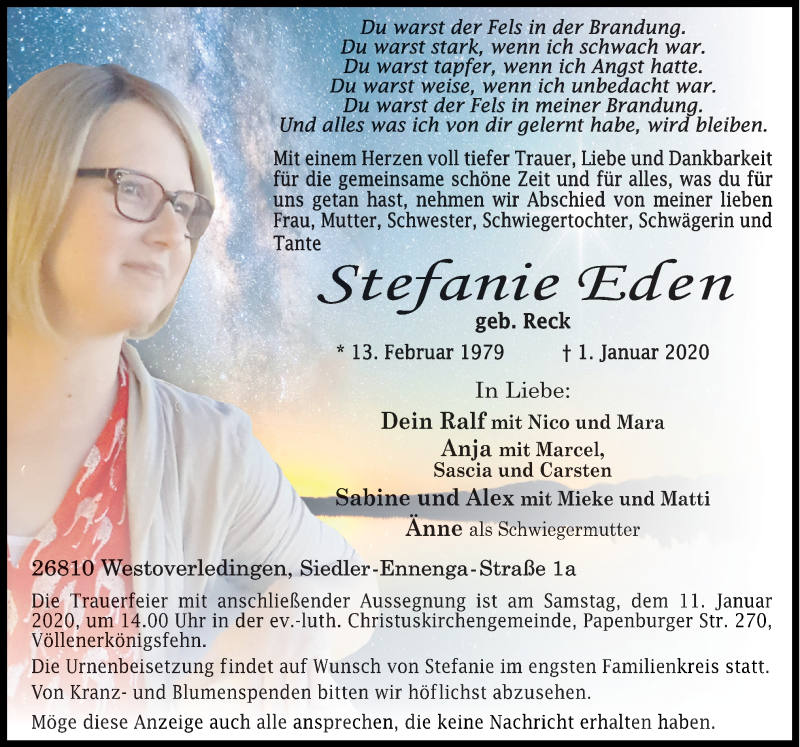  Traueranzeige für Stefanie Eden vom 07.01.2020 aus Neue Osnabrücker Zeitung GmbH & Co. KG