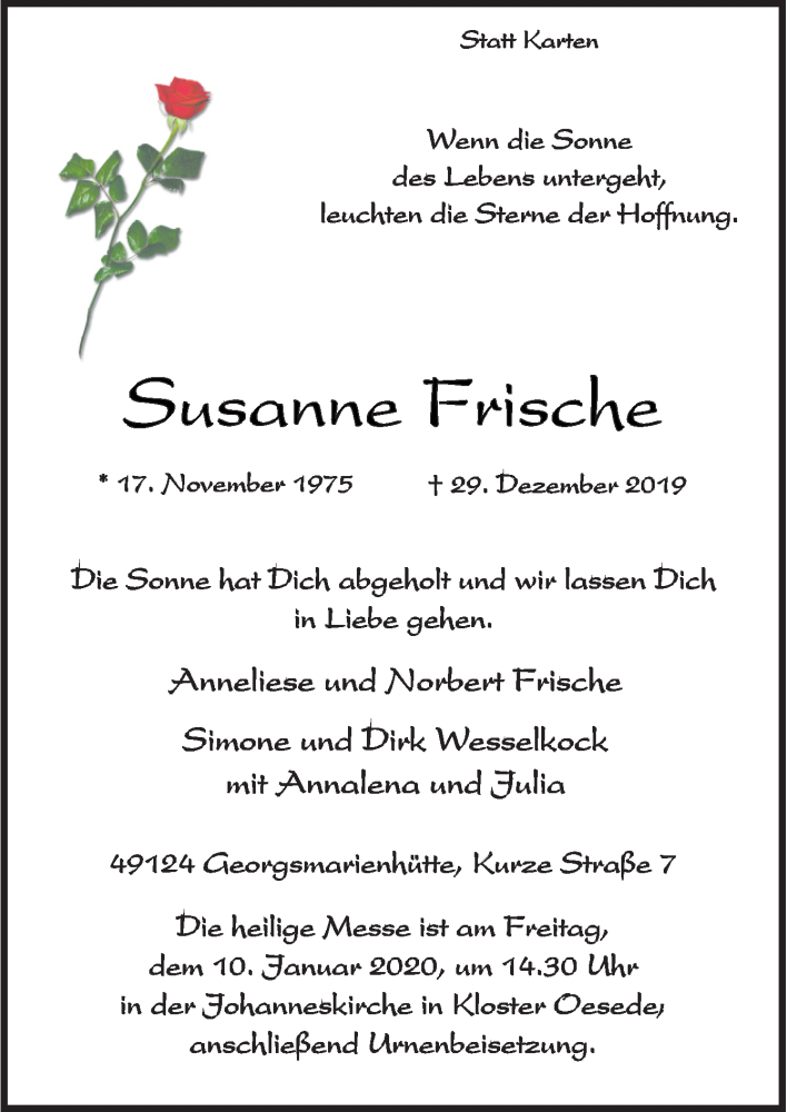  Traueranzeige für Susanne Frische vom 07.01.2020 aus Neue Osnabrücker Zeitung GmbH & Co. KG