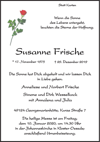 Traueranzeige von Susanne Frische von Neue Osnabrücker Zeitung GmbH & Co. KG