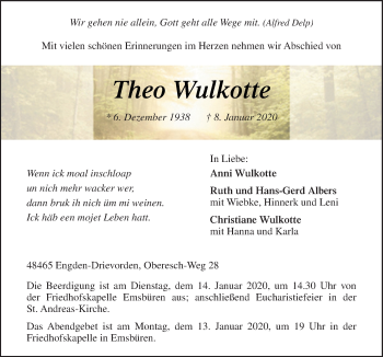 Traueranzeige von Theo Wulkotte von Neue Osnabrücker Zeitung GmbH & Co. KG