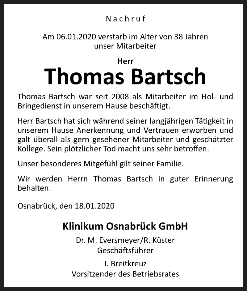  Traueranzeige für Thomas Bartsch vom 18.01.2020 aus Neue Osnabrücker Zeitung GmbH & Co. KG