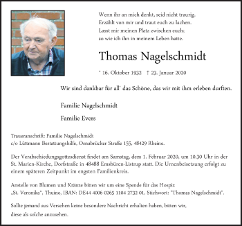 Traueranzeige von Thomas Nagelschmidt von Neue Osnabrücker Zeitung GmbH & Co. KG