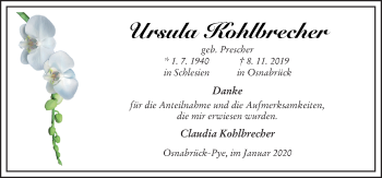 Traueranzeige von Ursula Kohlbrecher von Neue Osnabrücker Zeitung GmbH & Co. KG