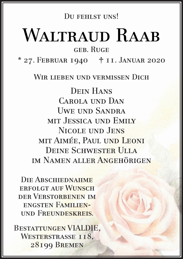  Traueranzeige für Waltraud Raab vom 18.01.2020 aus Neue Osnabrücker Zeitung GmbH & Co. KG