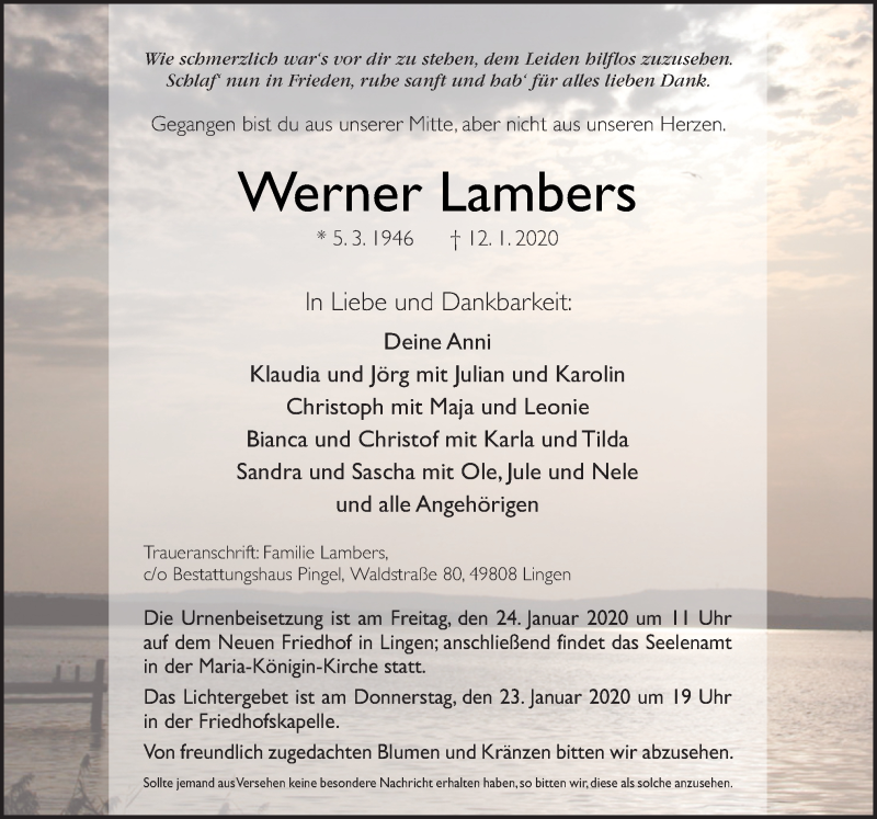 Traueranzeige für Werner Lambers vom 18.01.2020 aus Neue Osnabrücker Zeitung GmbH & Co. KG
