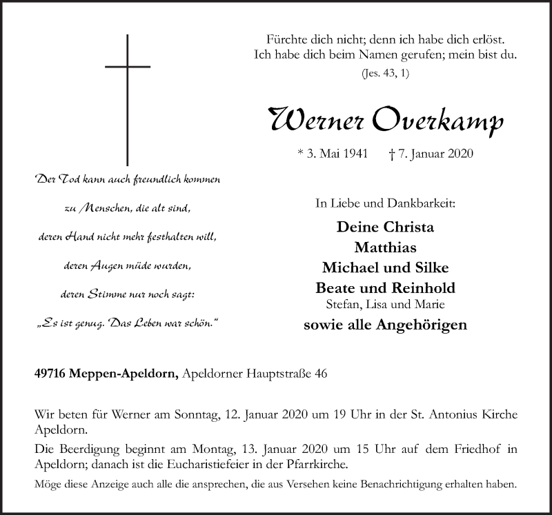  Traueranzeige für Werner Overkamp vom 10.01.2020 aus Neue Osnabrücker Zeitung GmbH & Co. KG