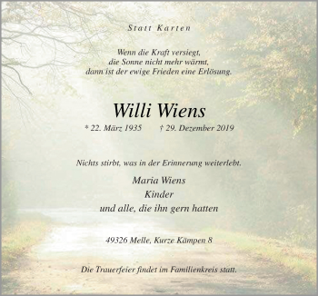 Traueranzeige von Willi Wiens von Neue Osnabrücker Zeitung GmbH & Co. KG