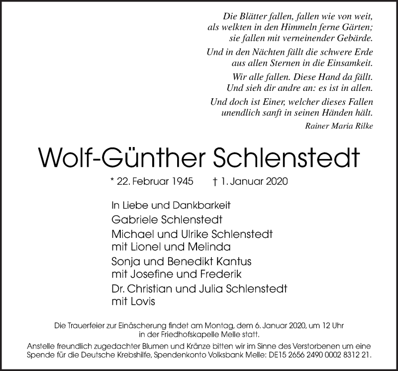  Traueranzeige für Wolf-Günther Schlenstedt vom 04.01.2020 aus Neue Osnabrücker Zeitung GmbH & Co. KG