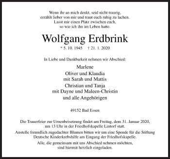 Traueranzeige von Wolfgang Erdbrink von Neue Osnabrücker Zeitung GmbH & Co. KG