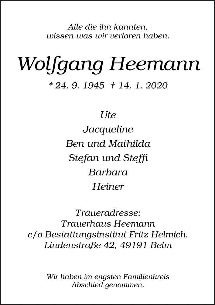  Traueranzeige für Wolfgang Heemann vom 25.01.2020 aus Neue Osnabrücker Zeitung GmbH & Co. KG