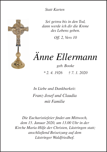 Traueranzeige von Änne Ellermann von Neue Osnabrücker Zeitung GmbH & Co. KG