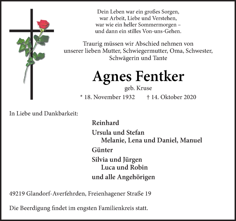  Traueranzeige für Agnes Fentker vom 17.10.2020 aus Neue Osnabrücker Zeitung GmbH & Co. KG