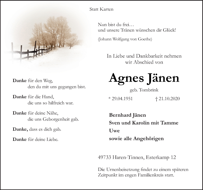  Traueranzeige für Agnes Jänen vom 24.10.2020 aus Neue Osnabrücker Zeitung GmbH & Co. KG