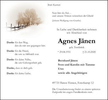 Traueranzeige von Agnes Jänen von Neue Osnabrücker Zeitung GmbH & Co. KG