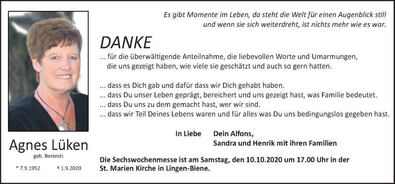  Traueranzeige für Agnes Lüken vom 07.10.2020 aus Neue Osnabrücker Zeitung GmbH & Co. KG