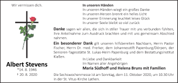 Traueranzeige von Albert Stevens von Neue Osnabrücker Zeitung GmbH & Co. KG