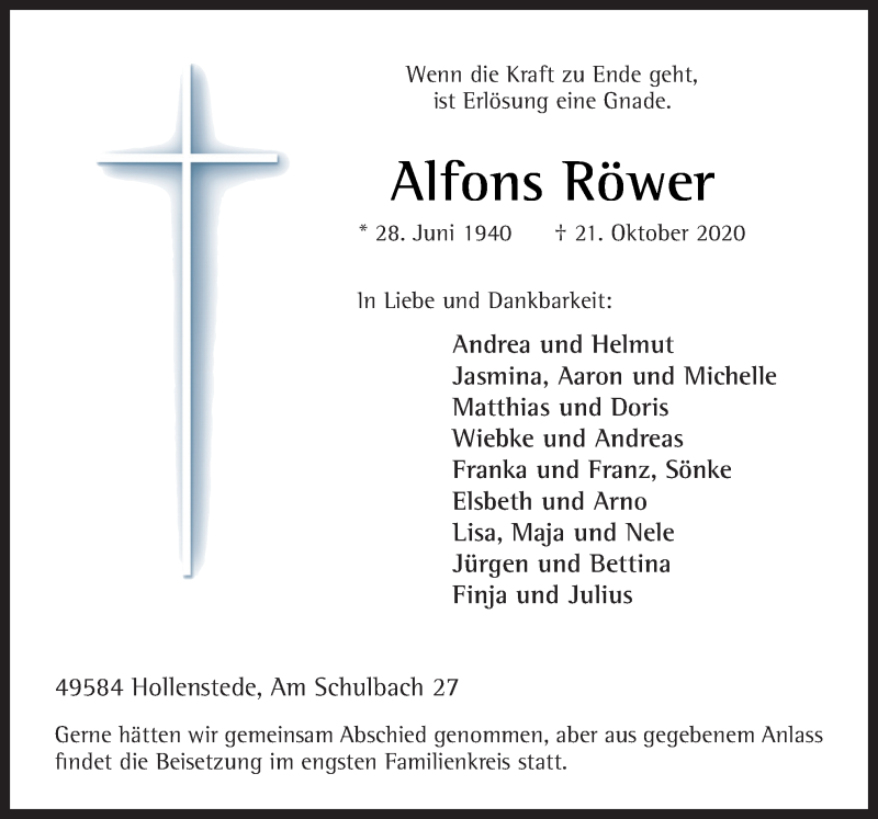  Traueranzeige für Alfons Röwer vom 24.10.2020 aus Neue Osnabrücker Zeitung GmbH & Co. KG
