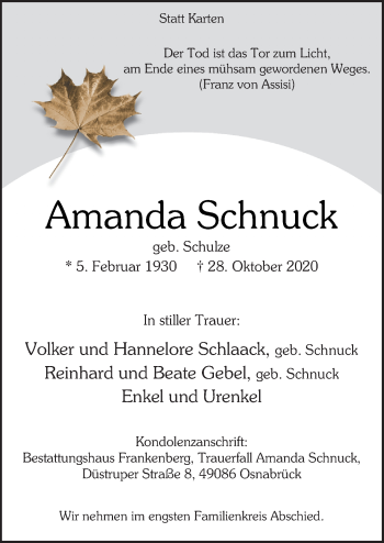 Traueranzeige von Amanda Schnuck von Neue Osnabrücker Zeitung GmbH & Co. KG